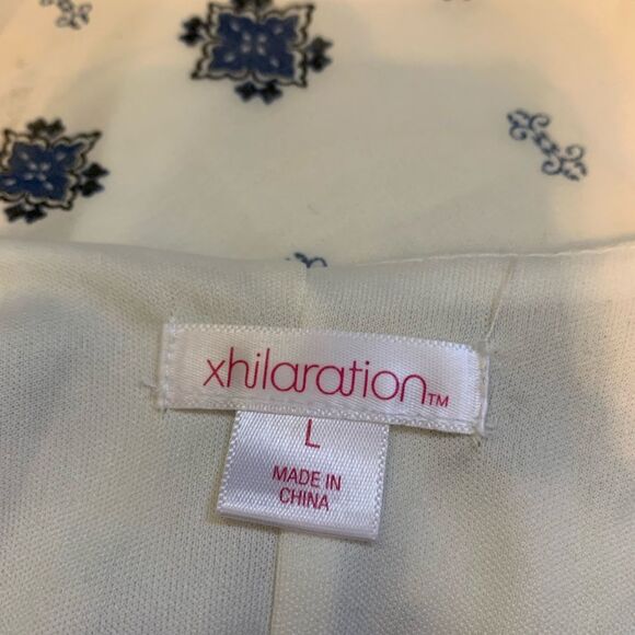 Xhilaration Blue Coral Paisley Dress Crochet Tipped Bell Sleeves Size L - Picture 7 of 8